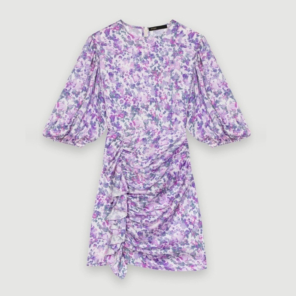 MAJE Floral Draped Short Dress Size 34 US XS Purple Ruched NWT $415 Retail